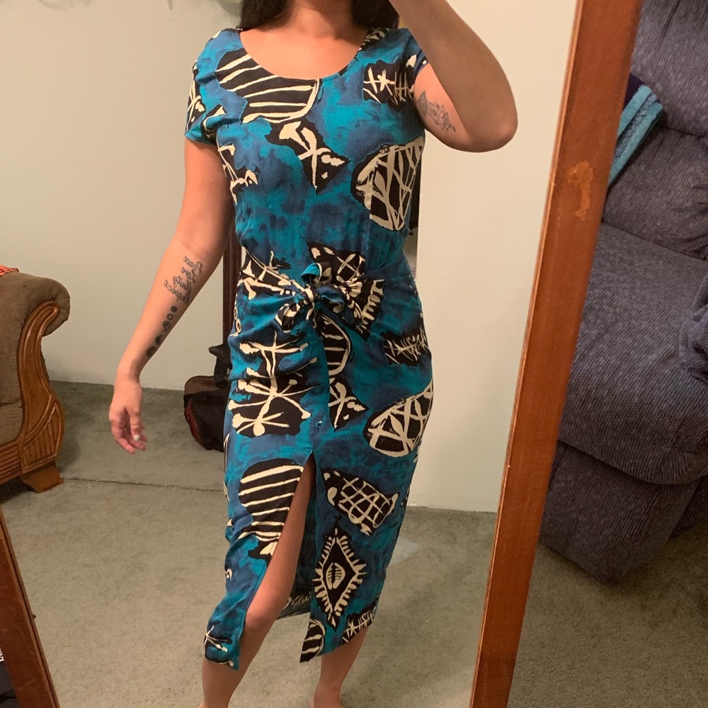 Vintage All That Jazz Teal Tribal Rayon Tie Dress